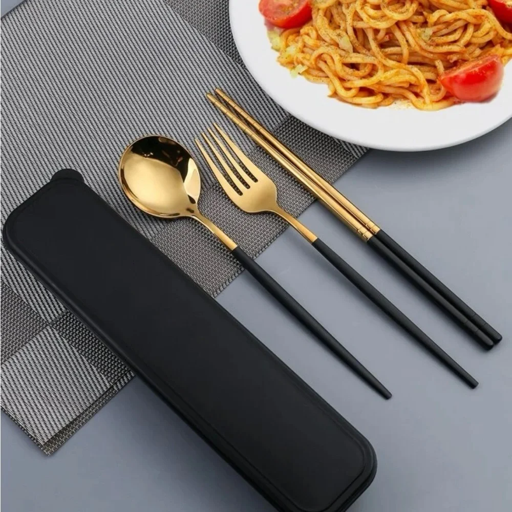 Gold and Black Stainless Steel Cutlery Set with Carry Case